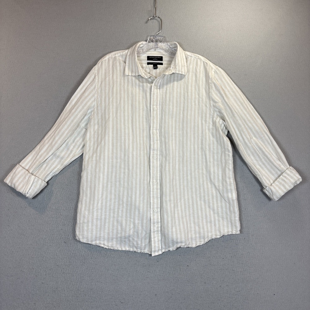 Banana Republic Mens Large Tailored Slim Fit 100% Linen Striped Shirt Tan White - Picture 2 of 8